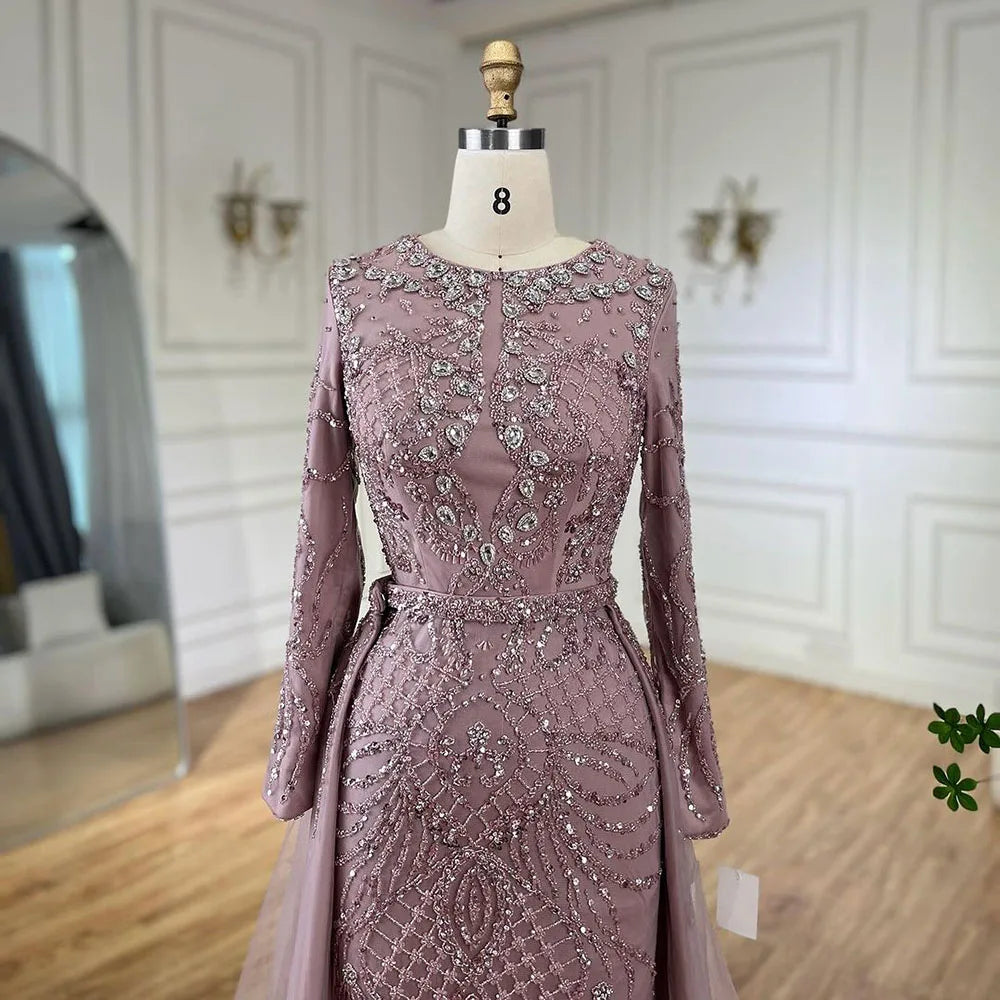 Serene Hill Muslim Silver Nude Mermaid Gown with Detachable Overskirt Beaded Evening Dress for Women Wedding Party 2024 LA71919