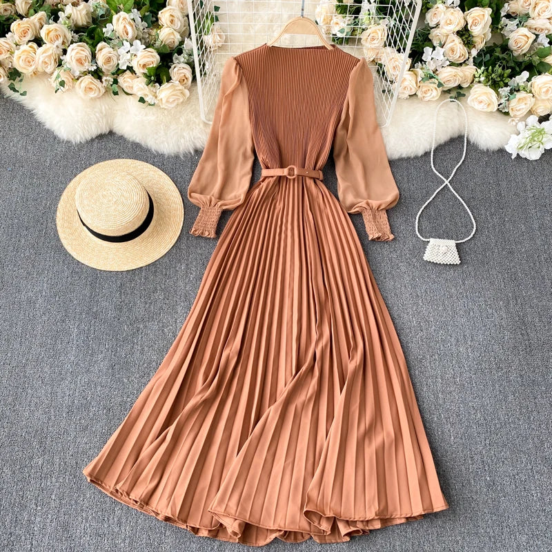 Chic Pleated Elegant Puff Sleeve Dress A-line Chiffon High Waist Belt Beach Vacation Party Dress Women Summer Spring Vestidos