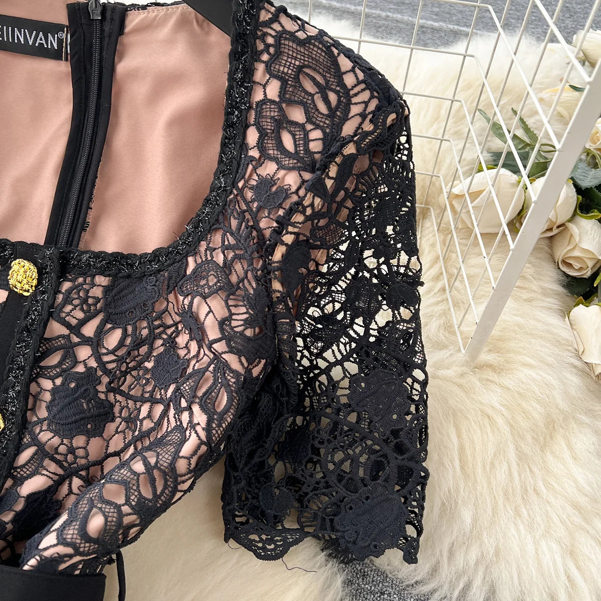 Luxury Wedding Elegant Party Dresses Women Golden Button Openwork Lace Dress Square Neck Short Sleeve Black Mini Dress With Belt