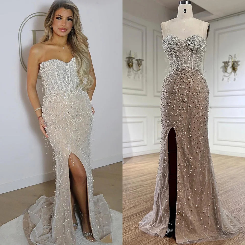 Serene Hill 2024 Arabic White Nude Mermaid Gown Pearls Beading High Split Luxury Dubai Evening Dress for Women's Party LA72544