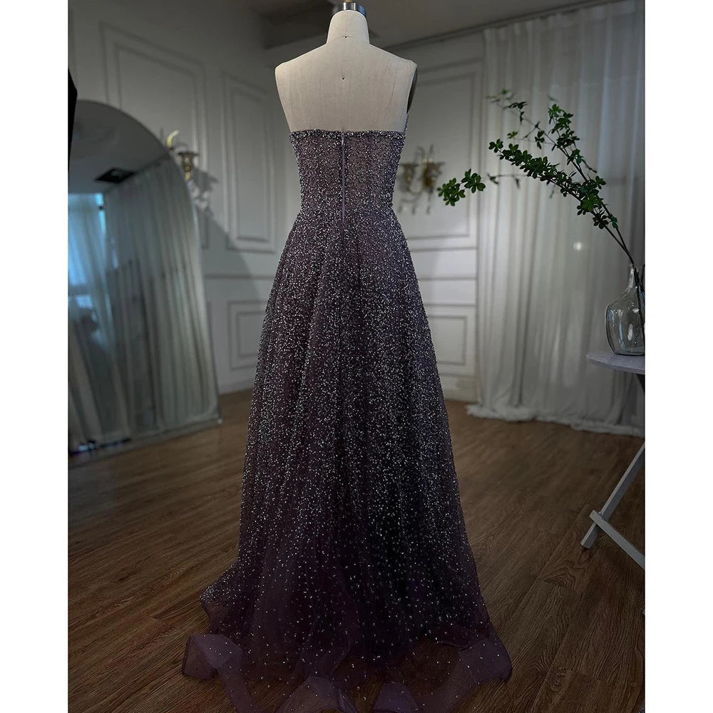 Serene Hill Arabic Luxury Purple A-Line Elegant Strapless Beaded Evening Dresses Long for Woman Wedding Party LA72147