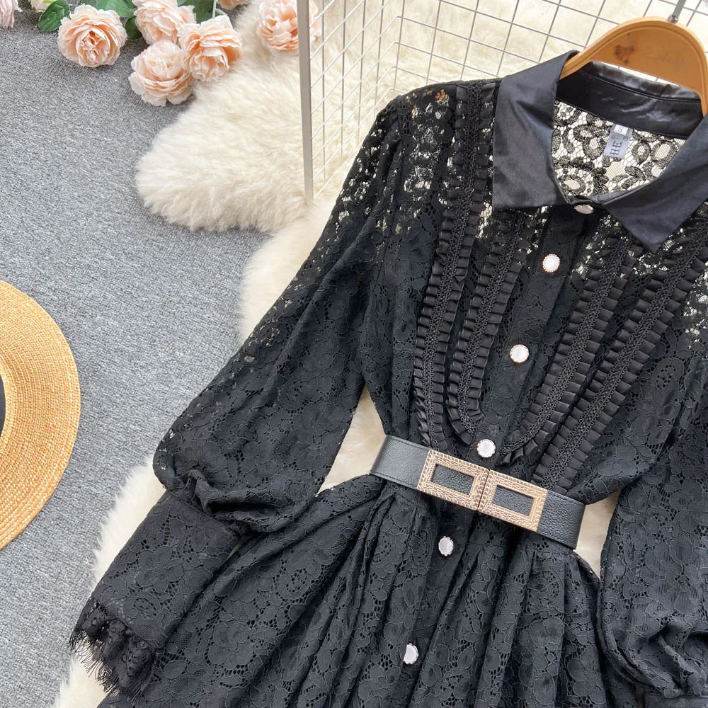 Elegant Chic Lace Hook Flower Hollow Long Sleeve Lapel Dress Party A-line Vestidos High Waist Basic Women Autumn Winter Dress