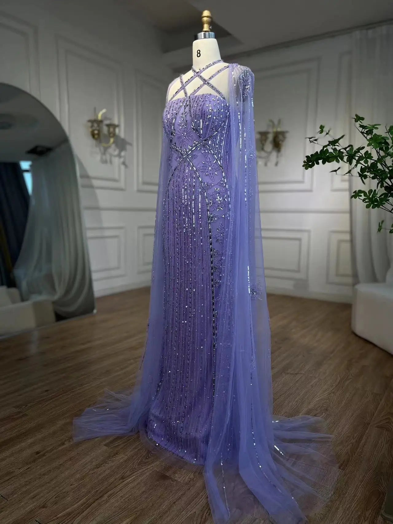 SERENE HILL Arabic Caramel Mermaid Elegant Cape Sleeves Beaded Luxury Evening Dresses 2024 Formal Gown For Women Party GLA71905A