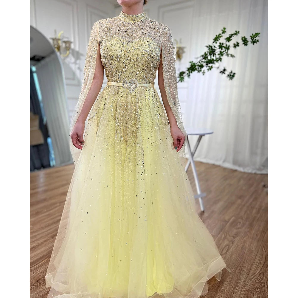 Serene Hill Blue A-Line High-end Beaded Luxury Cape Sleeves Evening Dresses Gowns 2024 For Woman Party Plus Size LA70066B