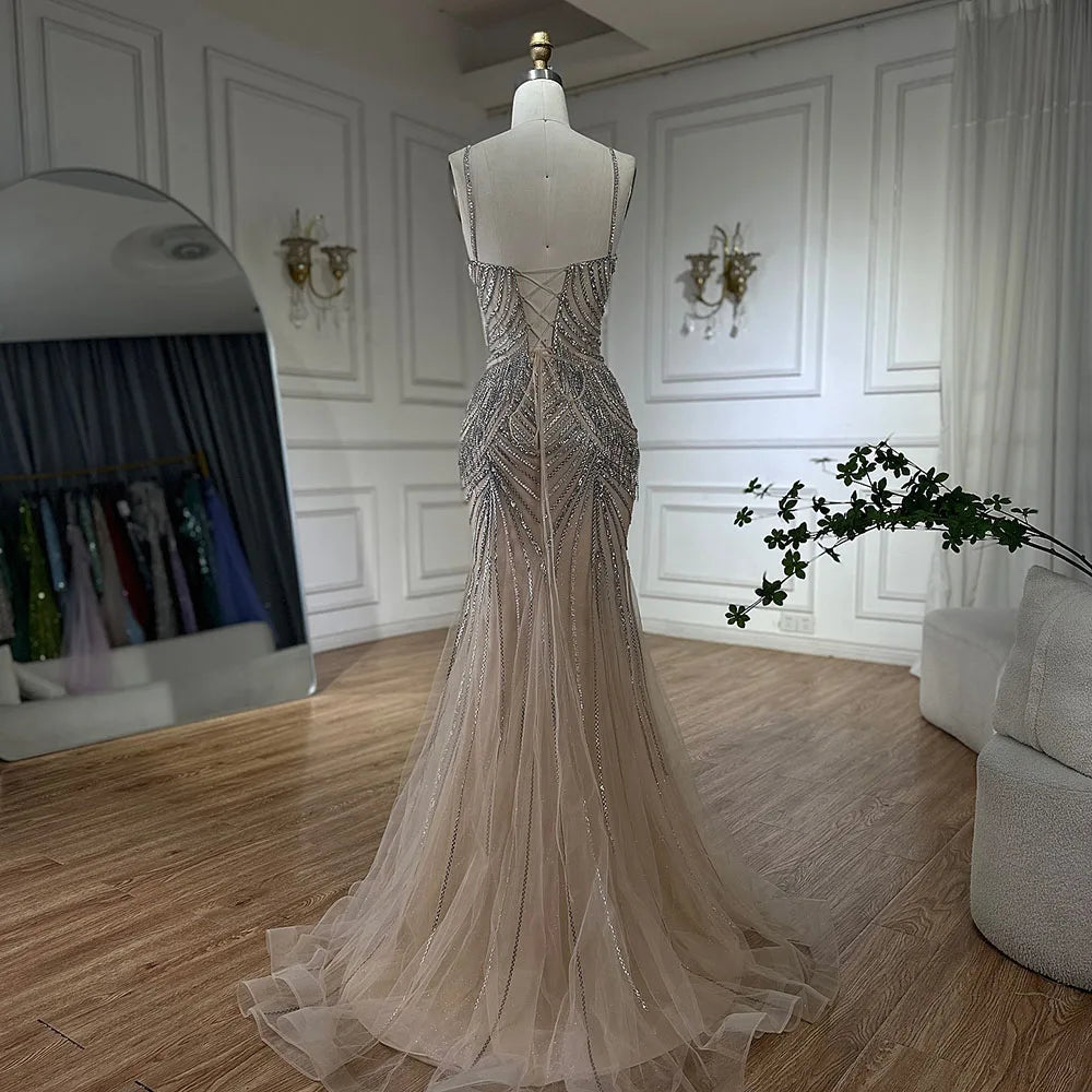 Serene Hill 2024 Silver Nude Spaghetti Strap Mermaid Evening Dress Gown with Luxury Beaded Tassels for Formal Occasion LA72772