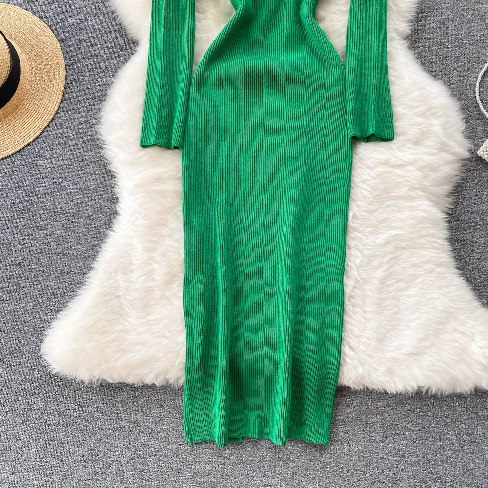 Women Long Sleeve Sexy Bodycon Dress with slit Vintage French Fashion Knit v neck Vestidos Basic Tight Elegant Slim Chic Dresses