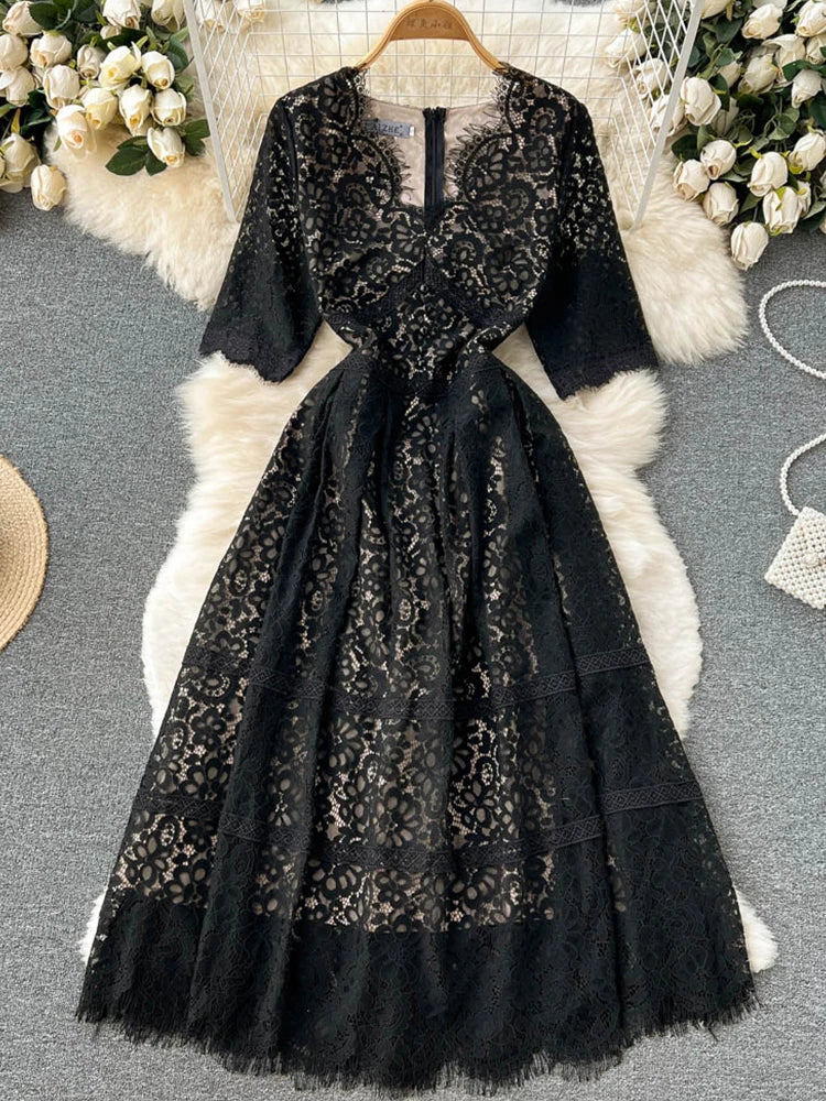 FTLZZ New Summer Elegant Women V-neck Short Sleeve Midi Dress Vintage Lady Lace Hollow Out Dress Empire Slim Party Dress
