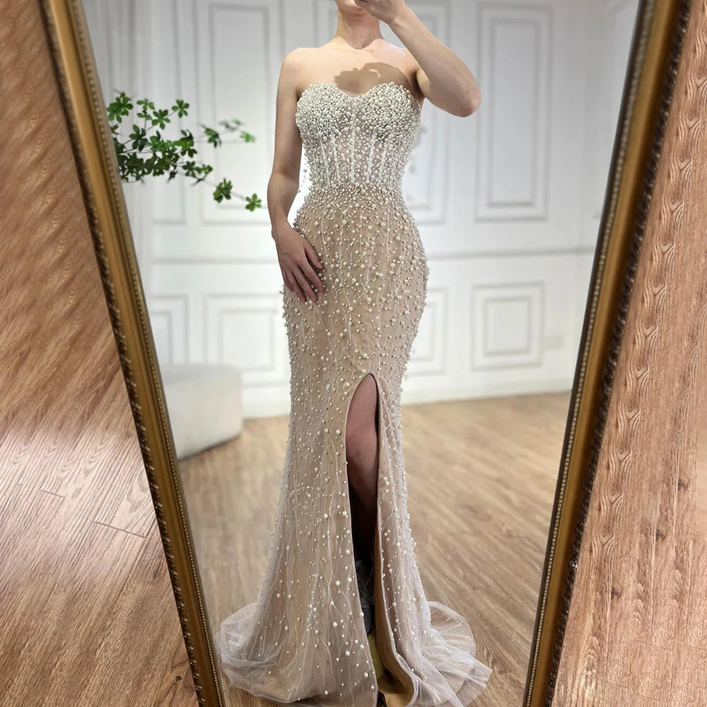 Serene Hill 2024 Arabic White Nude Mermaid Gown Pearls Beading High Split Luxury Dubai Evening Dress for Women's Party LA72544