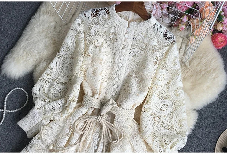 French Vintage Lace Dress Women Elegant Lantern Sleeve Party Long Dress with Belt ladies Slim A-line Spring Autumn Long Robe
