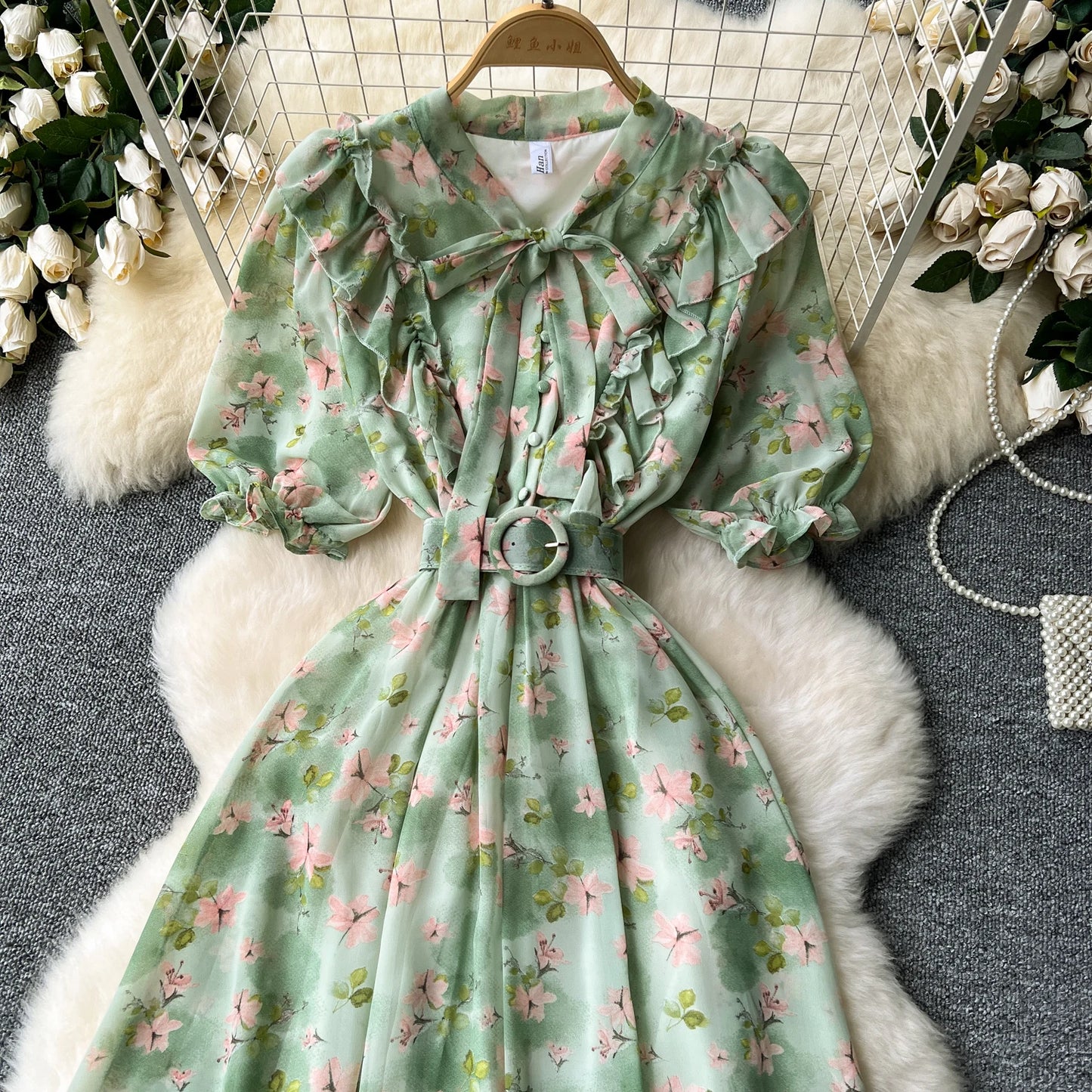 French Vintage Ruffle print chiffon Bandage Bow Puff Sleeves short Sleeves Dress Casual Women Fashion summer dresses