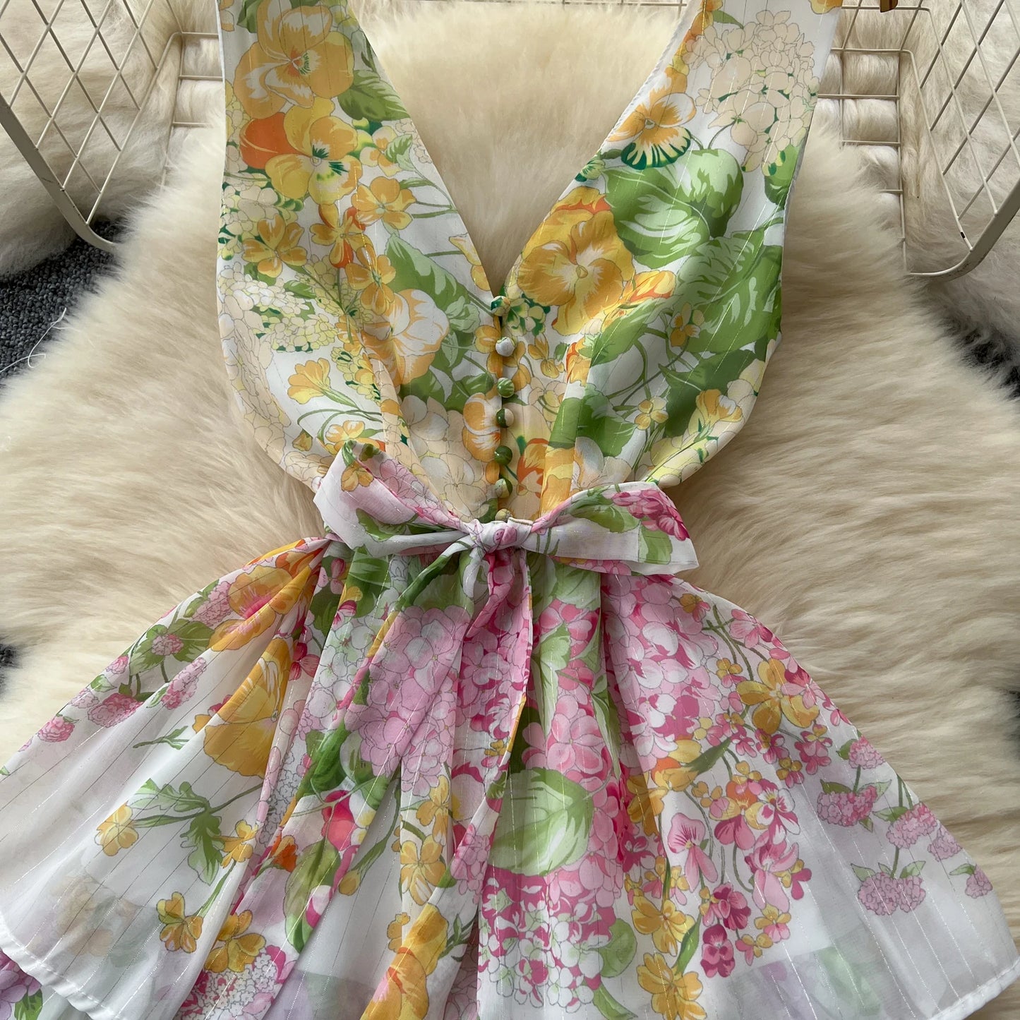 Vintage Print Elegant Sleeveless A-line Vneck Ruffle Bandage Dress Casual Women Fashion Autumn Spring Dress