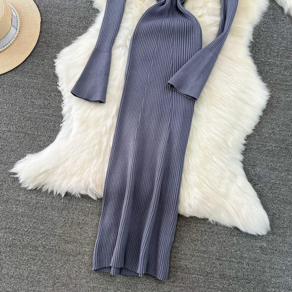 Women Chic Elegant Long Sleeve Bodycon Vneck Dress Sexy French Fashion Knit Wrap Vestidos Elastic Slim Pencil Sweater Dress