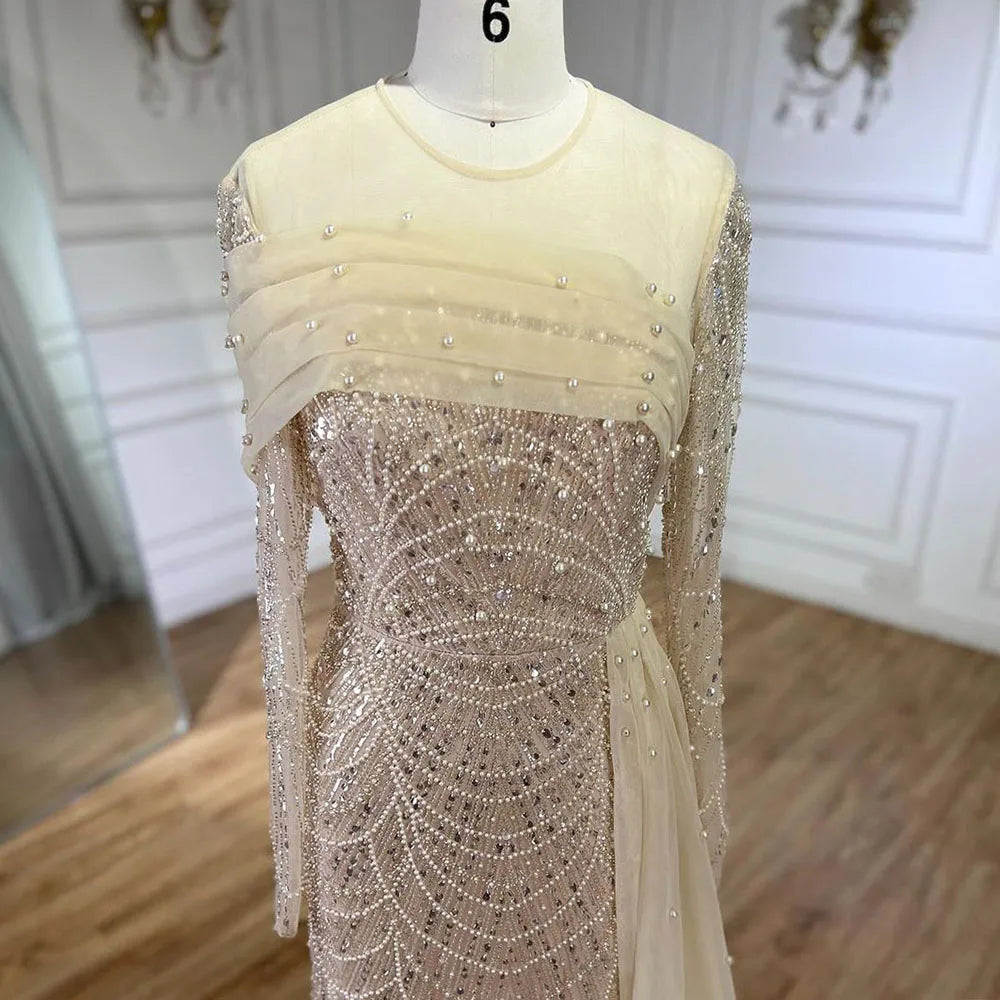 SERENE HILL 2024 Dubai Arabic Nude Mermaid Luxury Beaded Evening Dresses Gowns With Overskirt For Women Wedding Party GLA72254A
