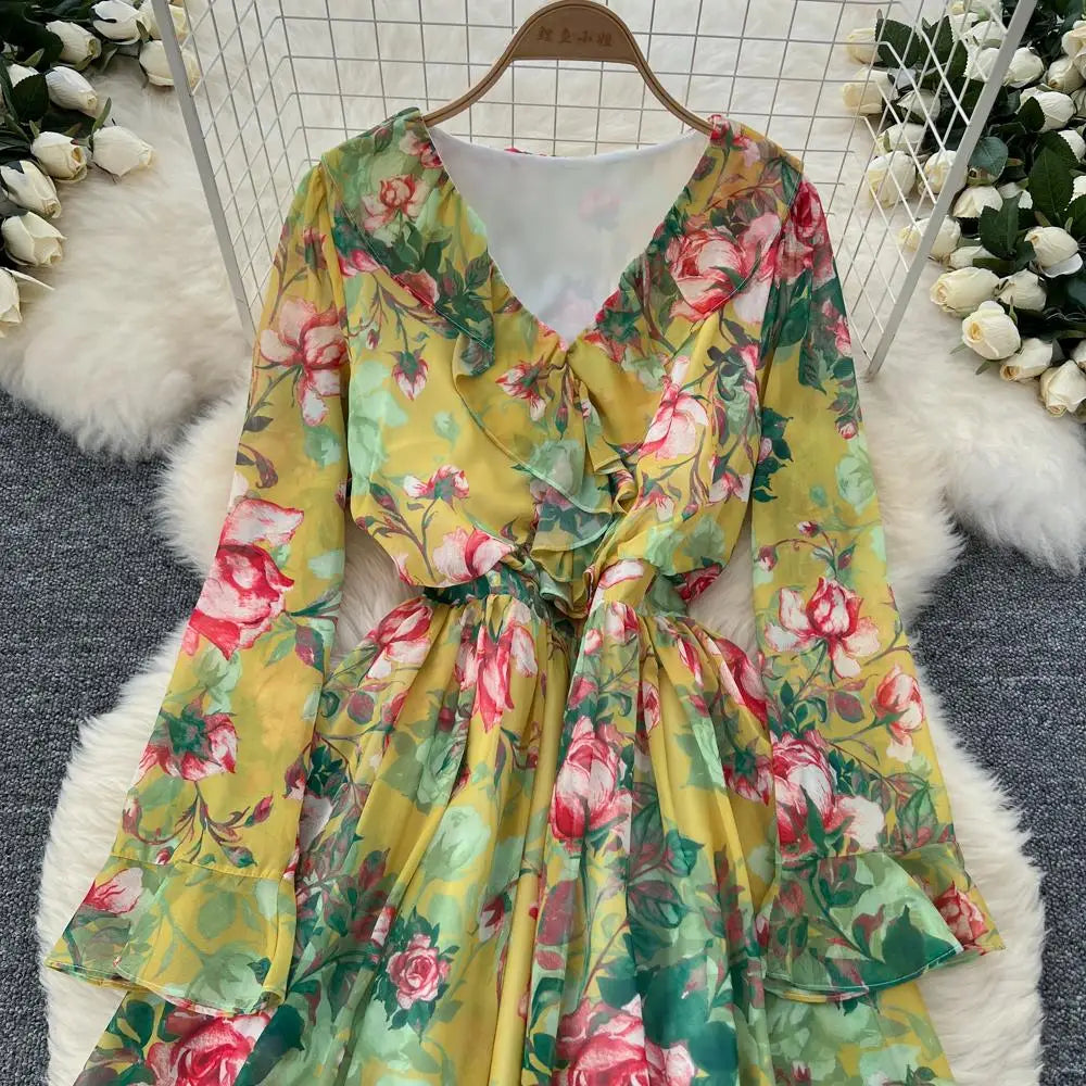 Women Elegant Floral Print Dress for Women Vintage V-Neck Long Sleeves Chiffon Slim A-Line Vestidos Mujer Autumn Female Clothes