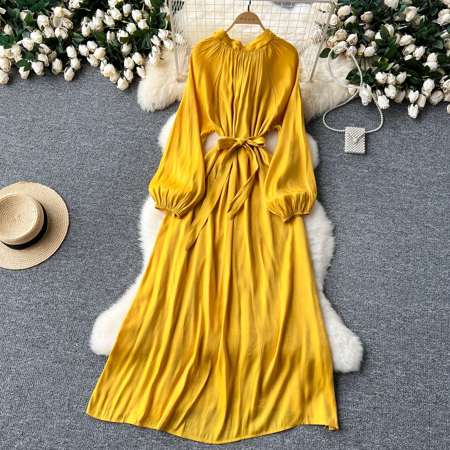French Vintage Pleated lool sleeve print Lace-up Bow sweet Dress Casual Women Fashion summer dresses