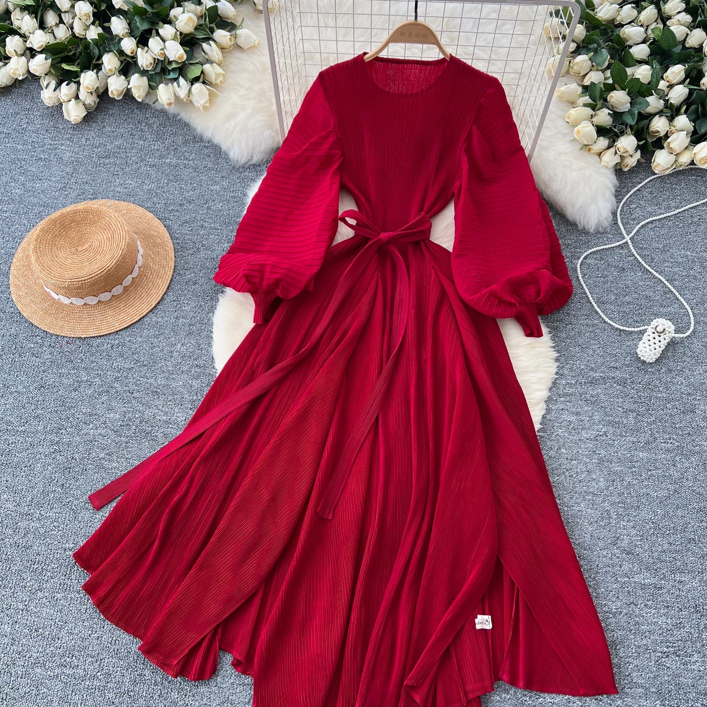 Vintage Elegant Lantern Sleeve Sweet Pleated Dress Women Basics Fashion Summer Spring Dresse