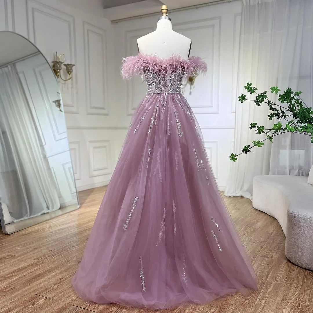 SERENE HILL 2024 Blue Feather Mermaid Luxury Beaded Evening Dresses Overskirt Formal Pink Gowns For Women Wedding Party GLA72061