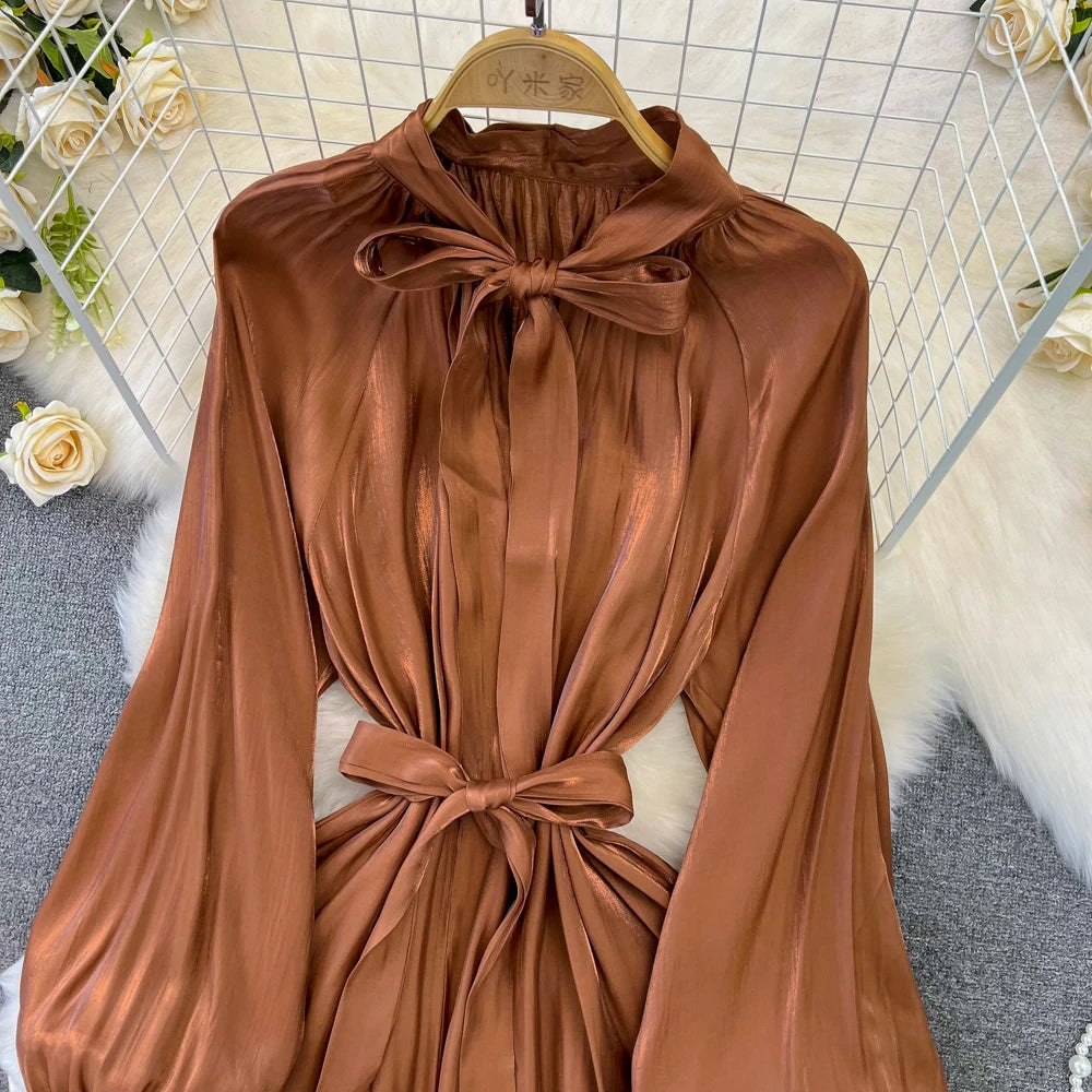 Autumn Elegant Women Fashion Party Long Dress Bow Lace Up Long Sleeve Evening Dresses A-Line Casual Vestidos One Piece Prom Robe