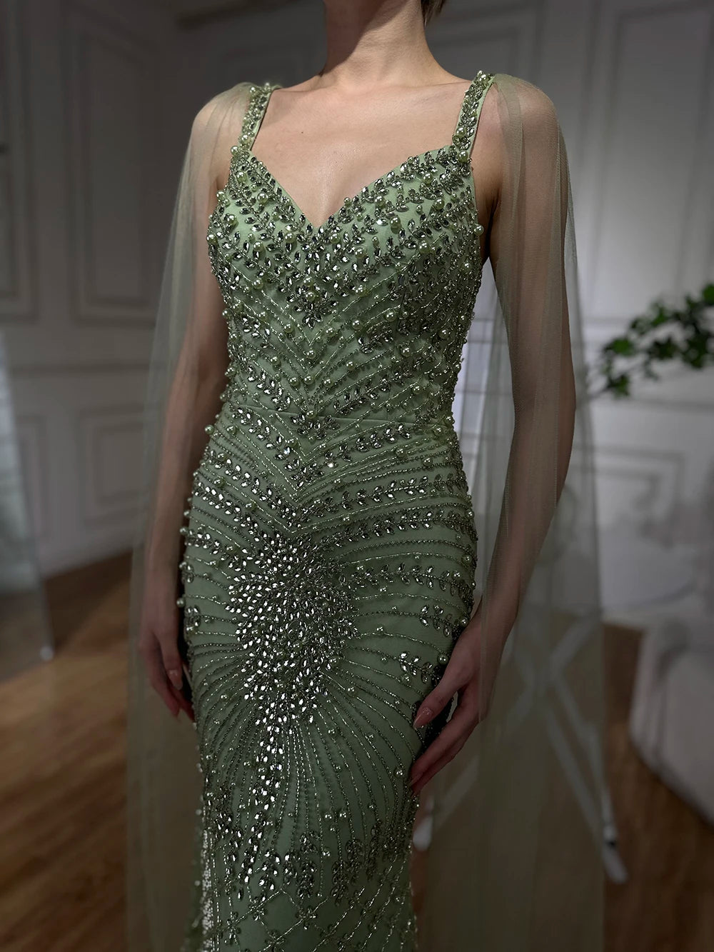 Serene Hill 2024 Arabic Nude Mermaid Cape Sleeve Beaded Luxury Saudi Evening Gown for Formal Occasion LA72748