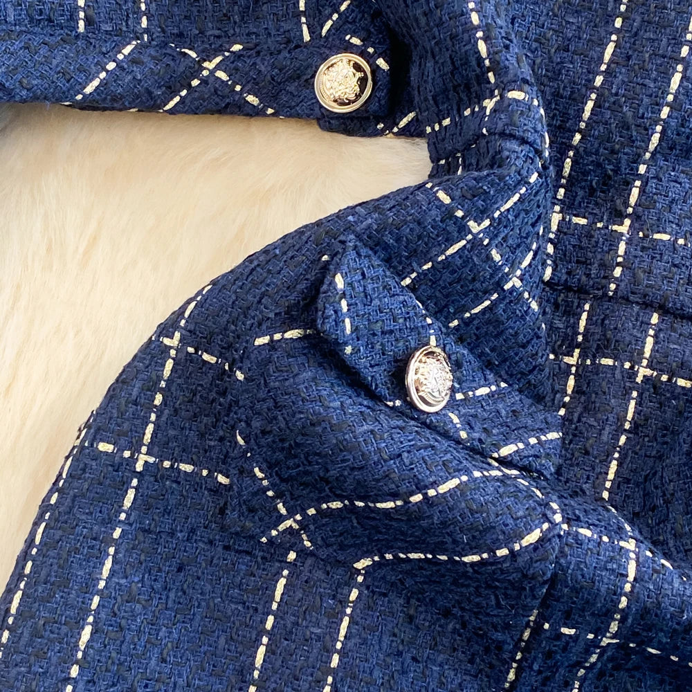 Women Checkered tweed Blazer 2-Piece Set Elegant Small Fragrance Wind Outfit Cropped Jacket+Mini Dresses Suit for Spring Autumn