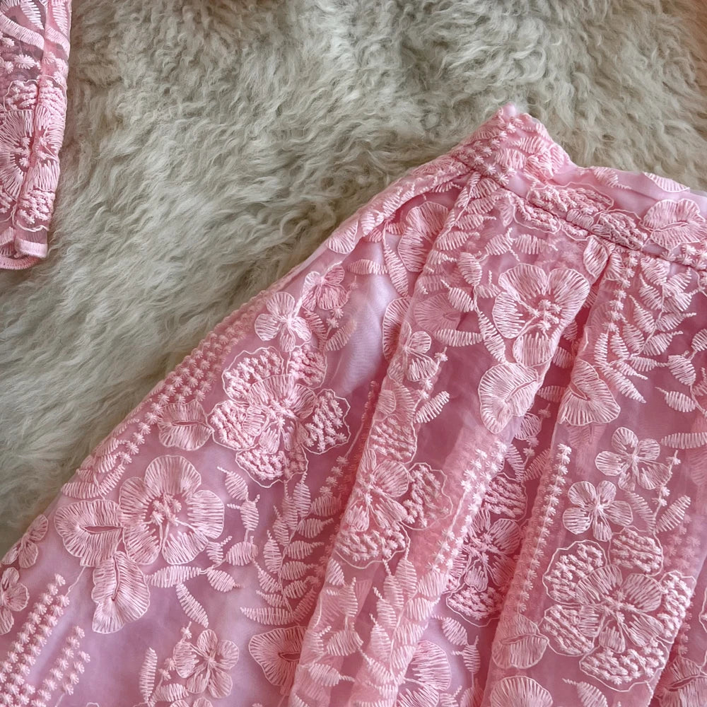 High Quality Floral Embroidery Two Piece Sets Women Suits Elegant OL Long Sleeve Shirt Mid Skirts 2 Piece Outfits Female