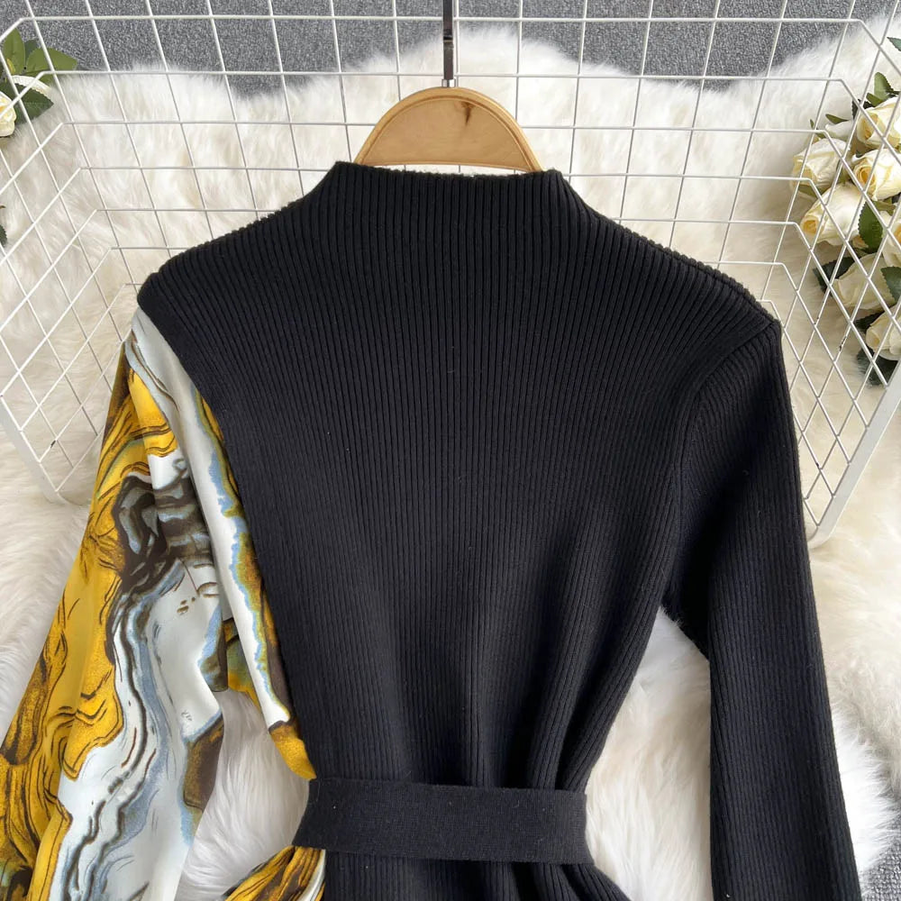 Elegant Chic Print Patchwork Knit Dress French Long Sleeve Party A-line Vestidos High Waist Basic Slim Women Autumn Winter Dress