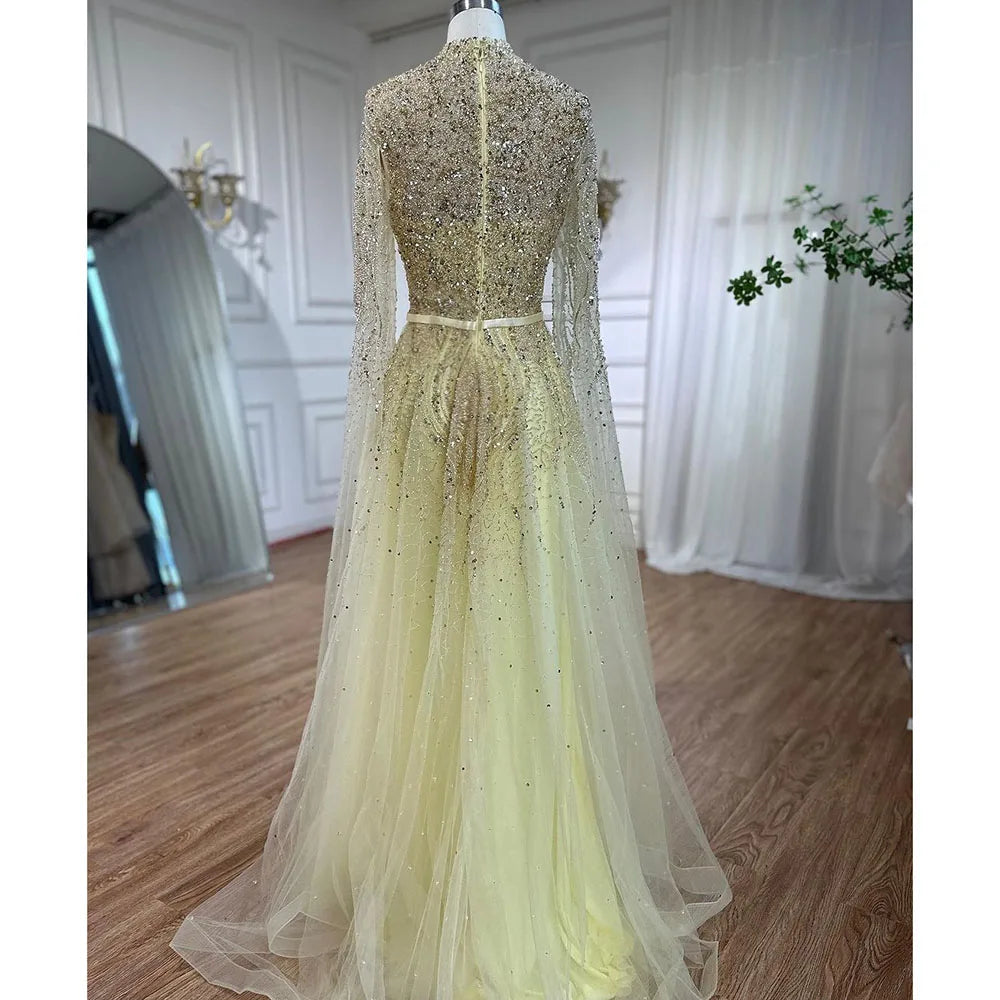 Serene Hill Blue A-Line High-end Beaded Luxury Cape Sleeves Evening Dresses Gowns 2024 For Woman Party Plus Size LA70066B