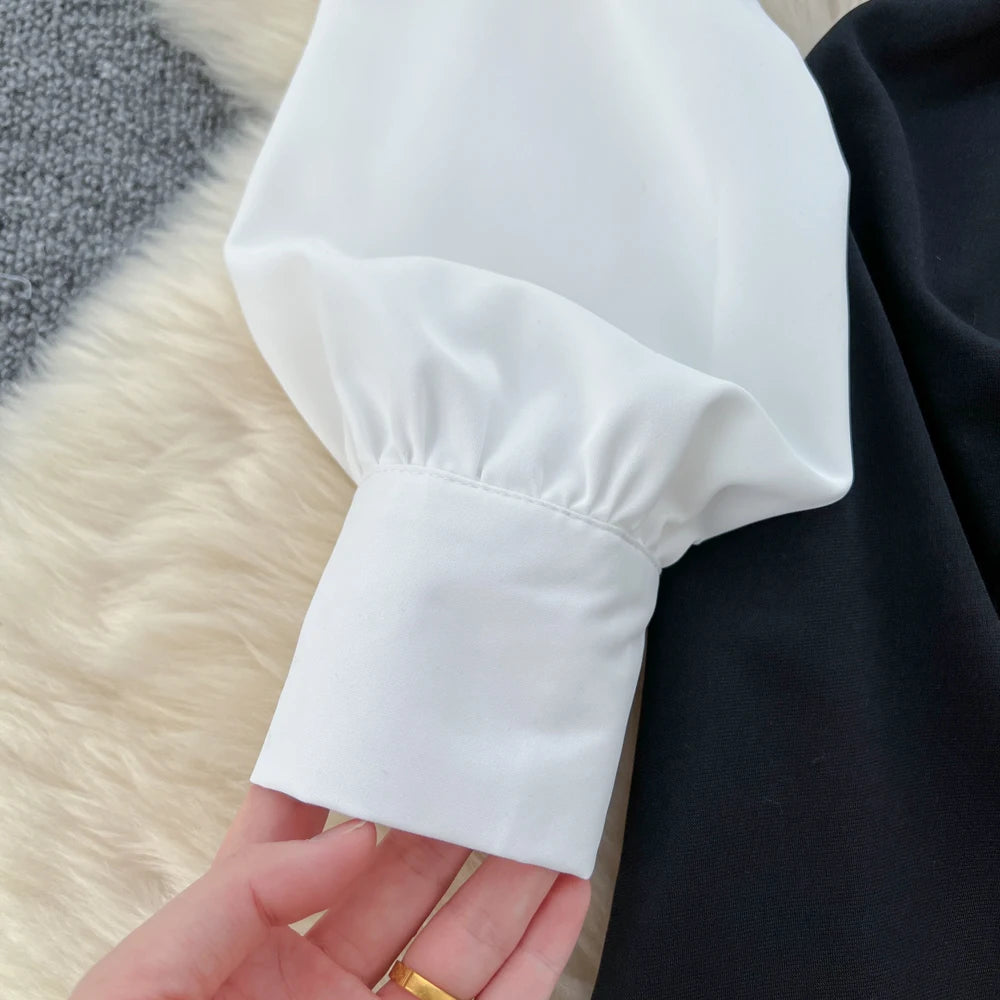 Elegant Pleated Mermaid Dress for Women Autumn Black White Patchwork Evening Party Dresses Autumn Slim Waist Prom Vestidos Robe