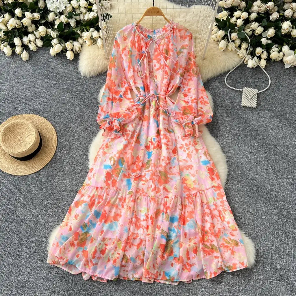 Elegant Floral Print Party Dress for Women French O-Neck Embroidered Flares Lace Up Lantern Long Sleeves Chiffon Long Dresses
