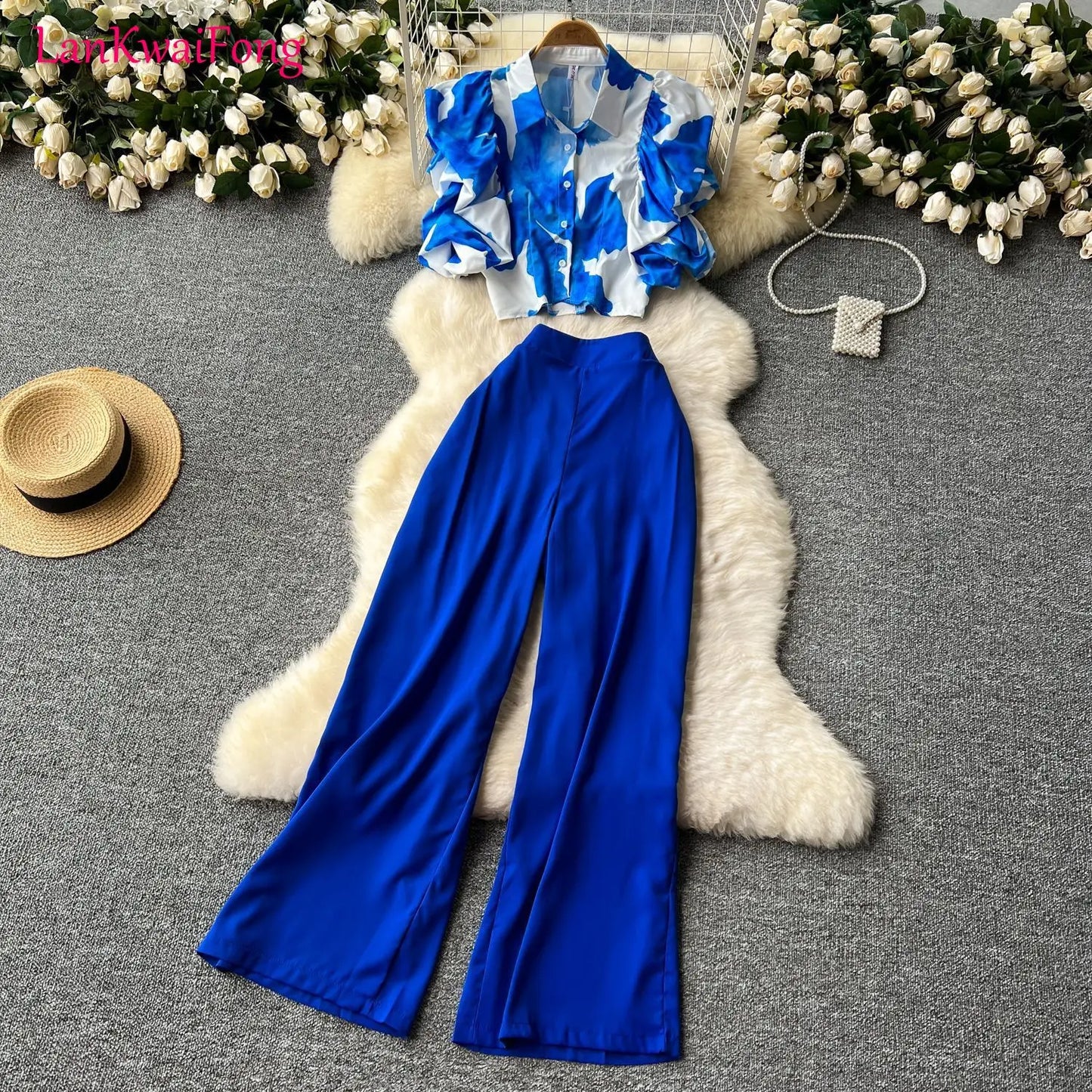 LKF Elegant Fashion Vacation Women's Set Short Lotus Leaf Sleeve Printed Button Up Shirt+High Waist Wide Leg Pants Two Piece Set