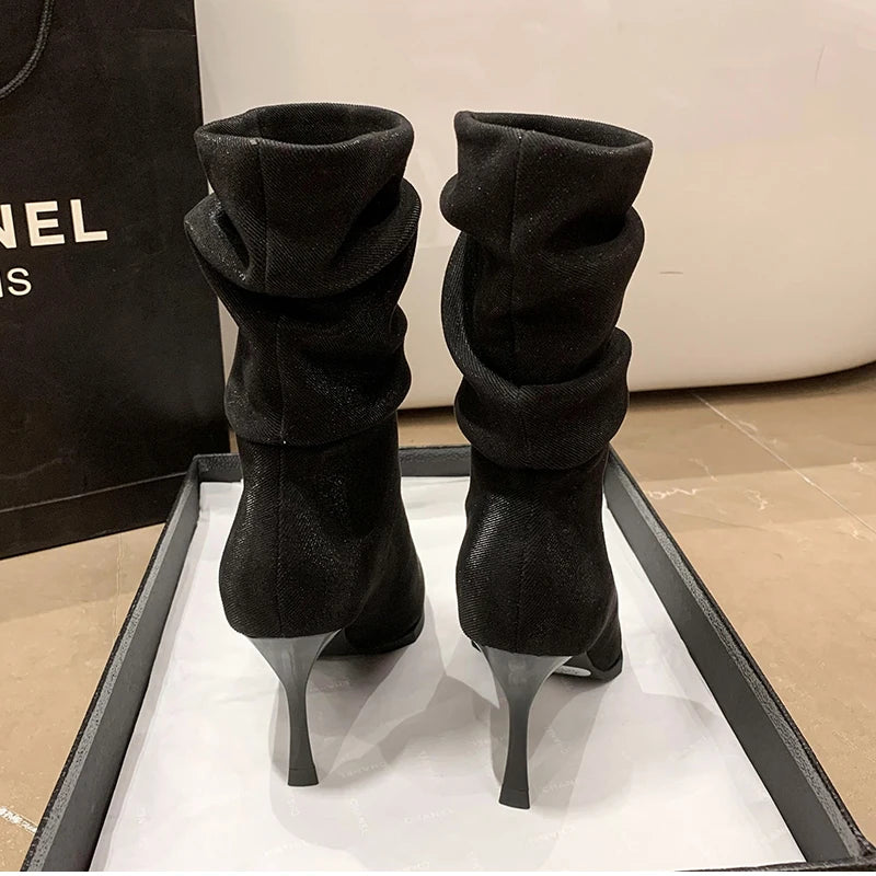 High Heel Women Pleated Ankle Boots Fashion Pointed Toe Slip On Shoes Dancing Party Dress Short Botas De Mujer