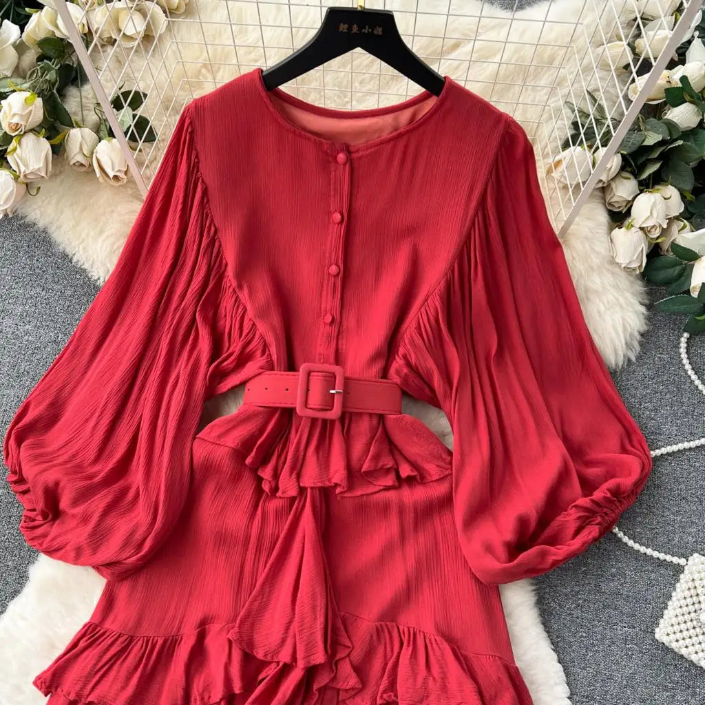 Vintage Puff Sleeve Ruffle Dress Women O-Neck A-Line Elegant Casual Party Prom Dresses Korean Autumn Fashion Female Vestidos New