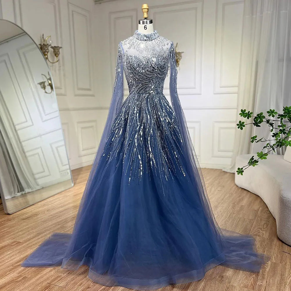 Serene Hill Caramel Luxury Evening Dresses with Cape Sleeves A-Line Beaded Lace Gown For Women's Wedding Party 2024 LA72386