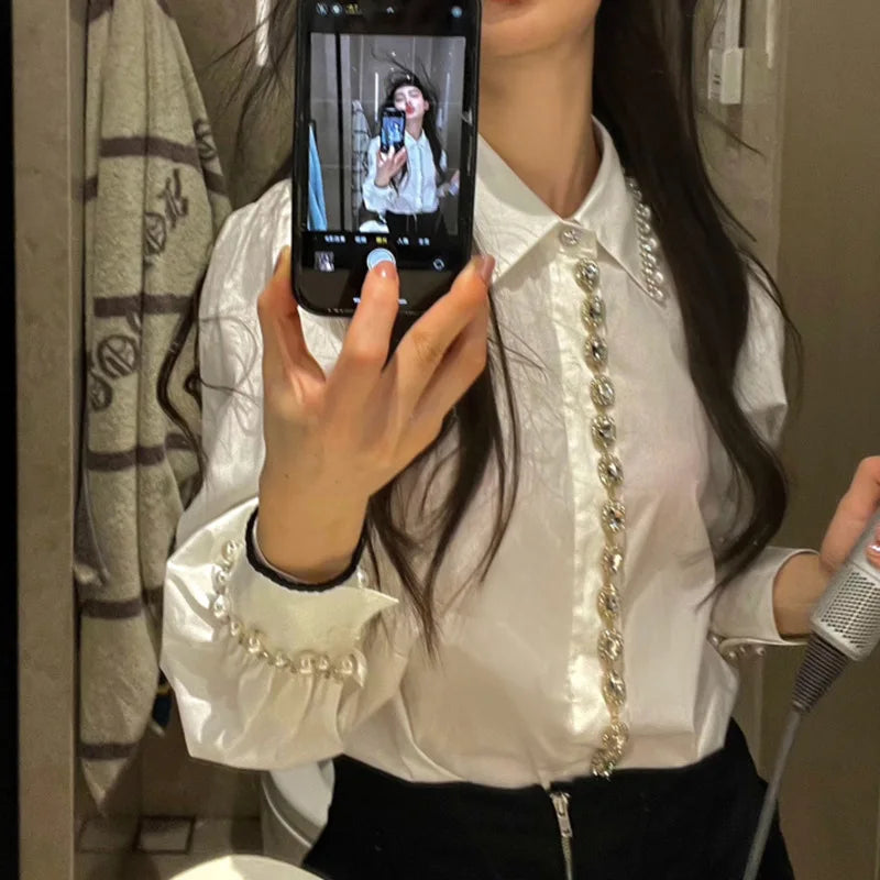 Luxurious Temperament Pearl Diamond Decoration Single breasted Lapel Shirt Blouse Women's Autumn New Elegant White Shirts Top