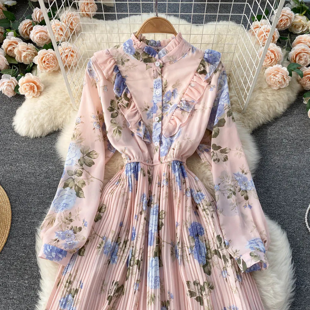 Retro Floral Print Pleated Elegant Chiffon Maxi Dress A-line Fashion Beach Vacation Party Dress Women Summer Spring Vestidos