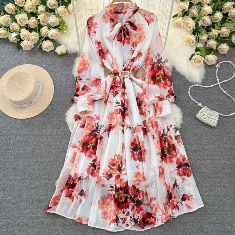 Elegant Casual Women Fashion Floral Print Long Dress Vintage Pleated A-Line Maxi Boho Beach Party Robe Female Clothes Mujers