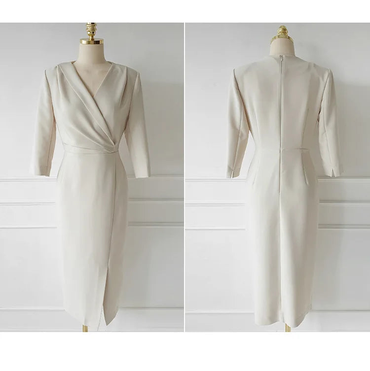 Commuting Style V-neck Mid length One Step Dress with Belt Autumn New Office Women's Slim Fit Waist Closing Beige Split Dresses