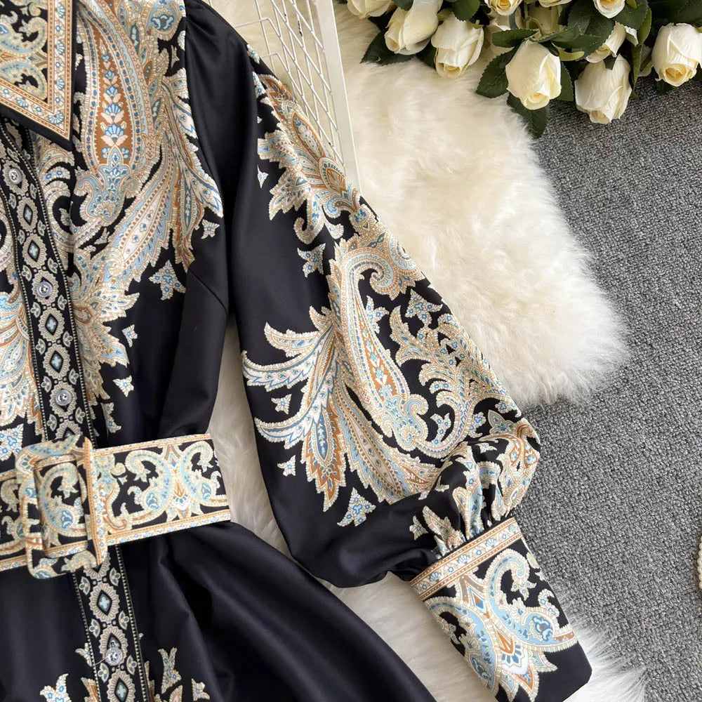 Retro Printed Party Dress Women Polo Collar Long Sleeve Elegant Long Dresses Spring Autumn French Single Breasted Shirt Dress