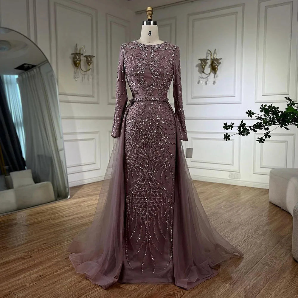 Serene Hill Muslim Silver Nude Mermaid Gown with Detachable Overskirt Beaded Evening Dress for Women Wedding Party 2024 LA71919