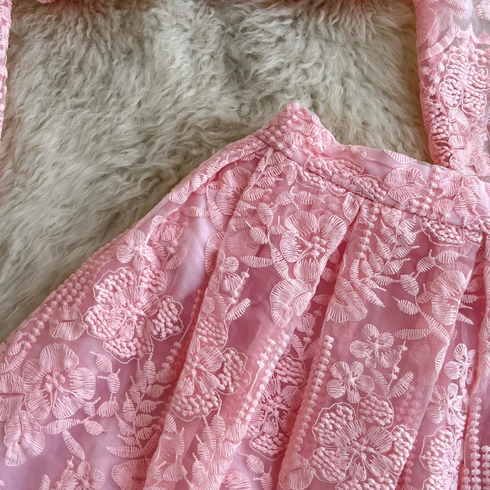 High Quality Floral Embroidery Two Piece Sets Women Suits Elegant OL Long Sleeve Shirt Mid Skirts 2 Piece Outfits Female