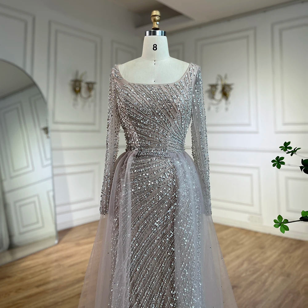 SERENE HILL 2024 Arabic Dubai Silver Gray Beaded Mermaid Evening Dresses Long Sleeves Gown With Skirt For Women Party GLA71618L