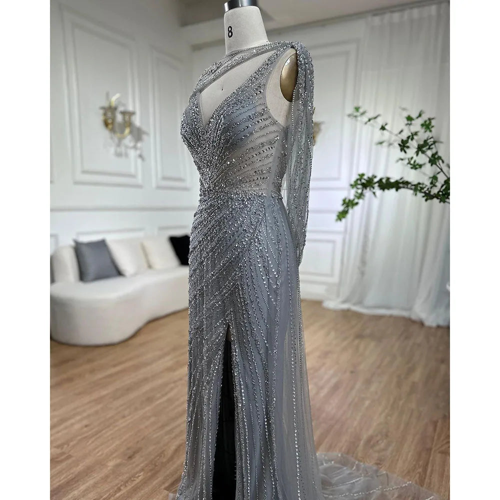 Luxury Champagne Split Evening Dresses 2024 Diamond Beaded Sleeveless Mermaid Formal Serene Hill LA70301