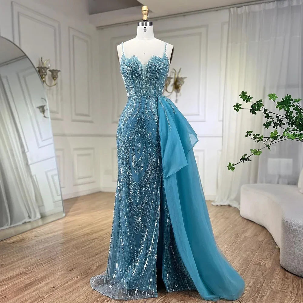 SERENE HILL 2024 Turquoise Spaghetti Strap Luxury Beaded Evening Dresses Mermaid Elegant Overskirt Gown For Women Party GLA72378