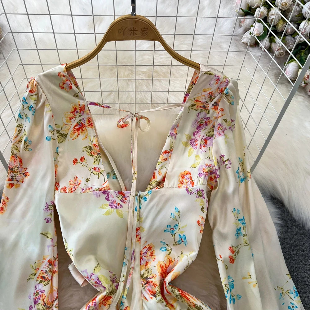 Sexy Bodycon Satin Floral Long Dresses for Women Lantern Sleeve V-Neck Slim Mermaid Evening Party Dress Prom Robe New Vestidos