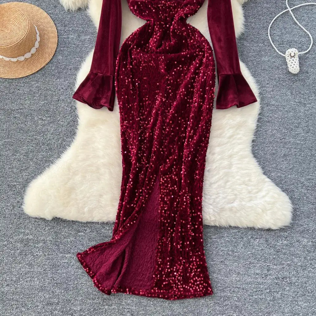 Women's Sexy Velvet Evening Gown Luxury Dresses V-Neck Flare Sleeve Split Long Dress Fashion Slim Robe Birthday Party Autumn New