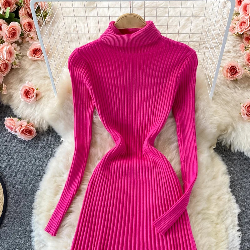 Women Chic Turtleneck Long Sleeve Sexy A-line Sweater Dress Vintage Korean Fashion Knit Vestido Elegant Autumn Winter Knitwear