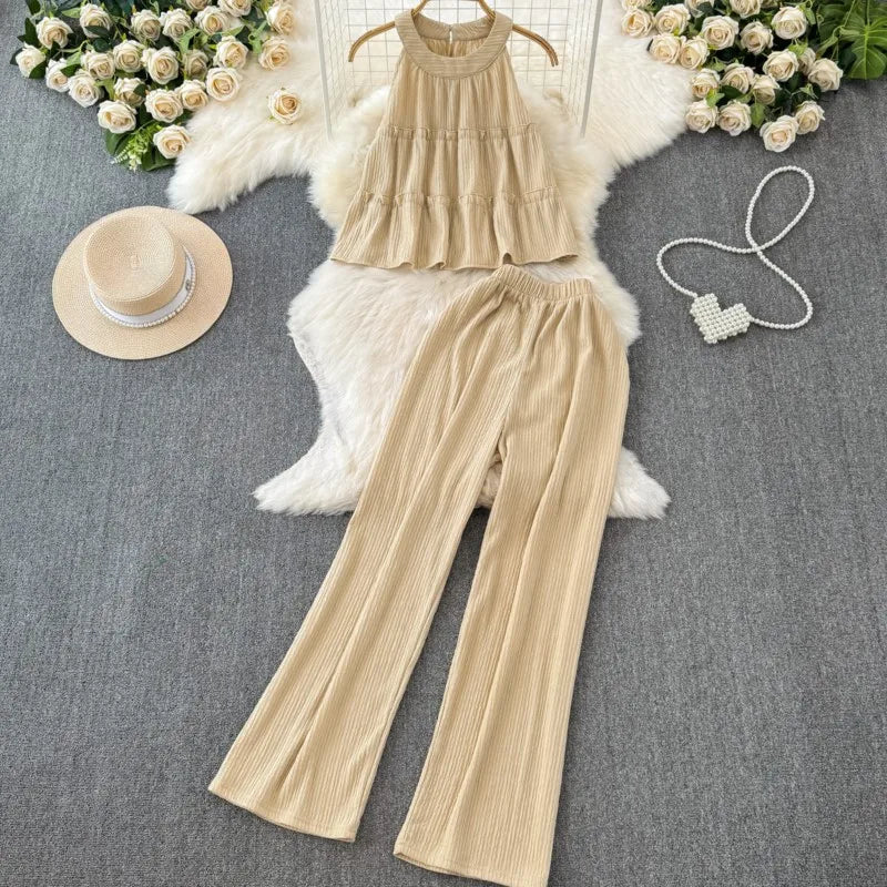 Summer Women Fashion Elegant Casual Pantsuit Halter Vintage Crop Tops Wide-Leg Pants Two Pieces Set Female Party Clothes New