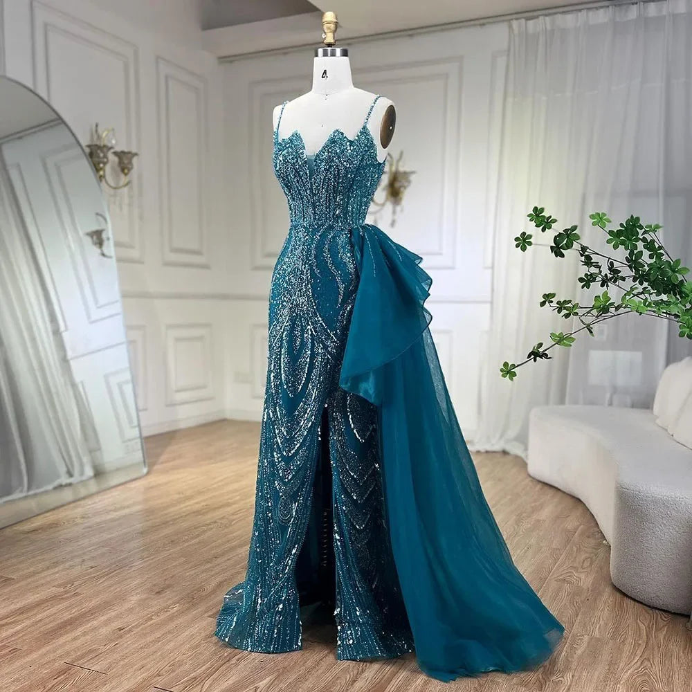 SERENE HILL 2024 Turquoise Spaghetti Strap Luxury Beaded Evening Dresses Mermaid Elegant Overskirt Gown For Women Party GLA72378