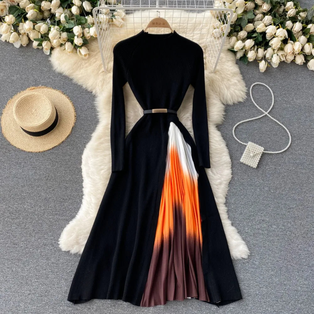 Elegant Chic Pleated Knit Dress French Long Sleeve Party Gothic A-line Vestidos High Waist Basic Slim Women Autumn Winter Dress