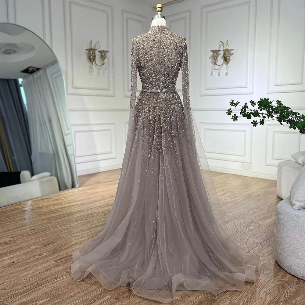 Serene Hill Blue A-Line High-end Beaded Luxury Cape Sleeves Evening Dresses Gowns 2024 For Woman Party Plus Size LA70066B